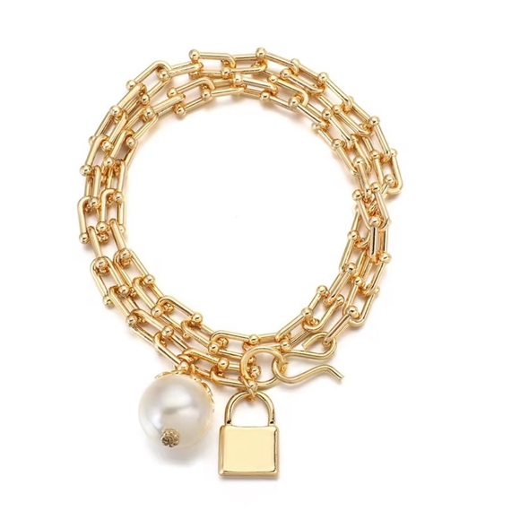 Graduated Link Elegant Gold Chain Lock Pearl Charm - Picture 11 of 12